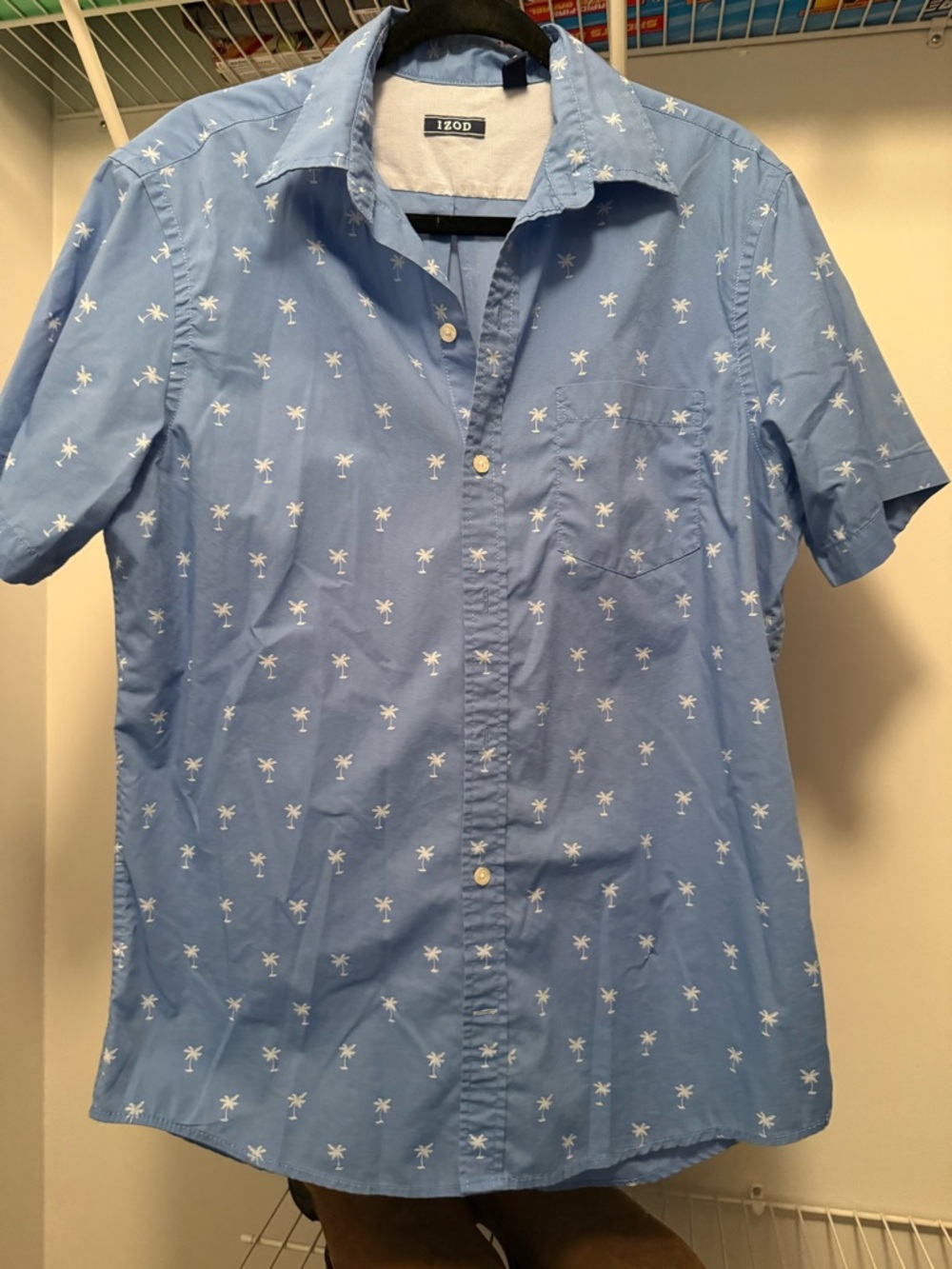 Izod Light Blue Short-Sleeve Palm-Print Button-Down Shirt
